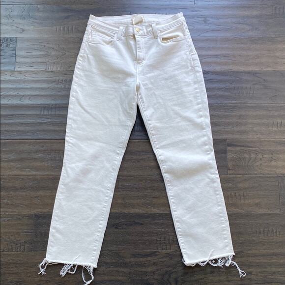 L’AGENCE Sada Cropped Jean Womens Sz 27 Cream Frayed Hem Slim High Rise - Picture 1 of 8